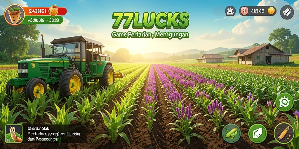 Screenshot utama 77LUCKS menampilkan gameplay pertanian yang menyenangkan.