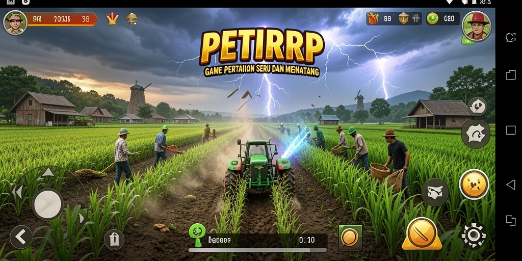 Tangkapan layar yang menampilkan ladang subur dan aktivitas bertani.
