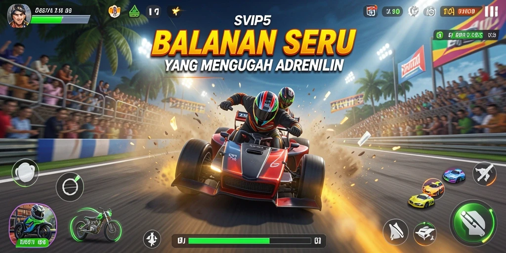 Tampilkan gameplay Racing SVIP5 dengan mobil balap yang cepat dan trek menantang.