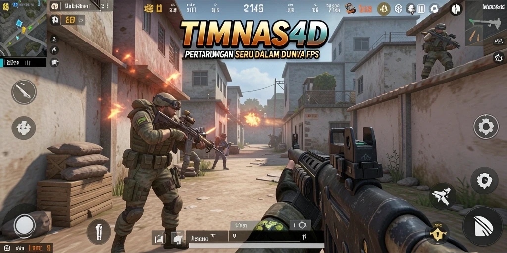 Gambaran gameplay seru di TIMNAS4D dengan aksi pertempuran FPS.