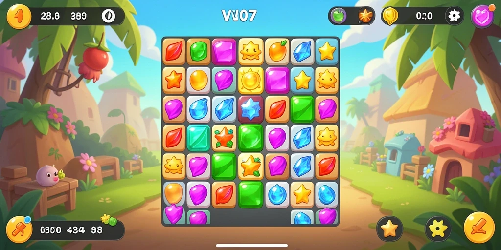 Tangkapan layar V07 menunjukkan gameplay match-3 yang penuh warna dan menantang.